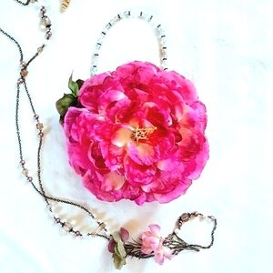 Handbag, Fushcia Rose, Evening Bag Size, Beaded Handle